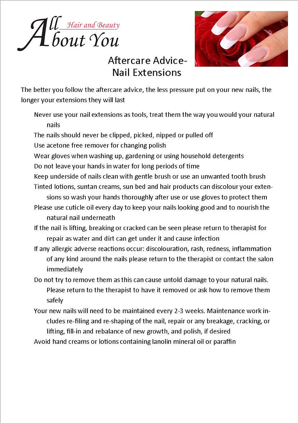 All About You Hair & beauty Salon in Wisbech AFTERCARE ADVICE