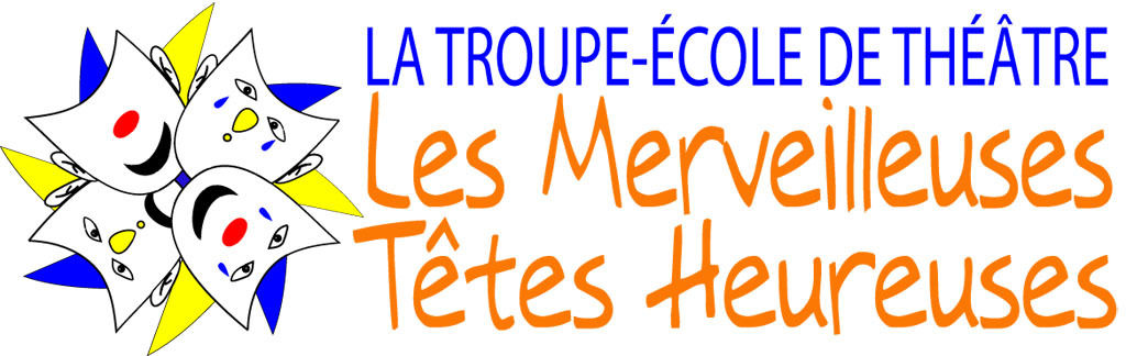 Logo: quatre masques de théâtre forment un cercle avec des triangles courbés jaunes et bleus. Masques triste, souriant, perplexe et un sans yeux.