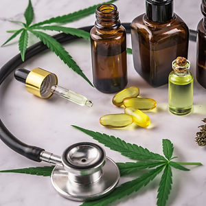 Assorted cannabis products, pills and cbd oil over medical prescription sheet - medical marijuana co