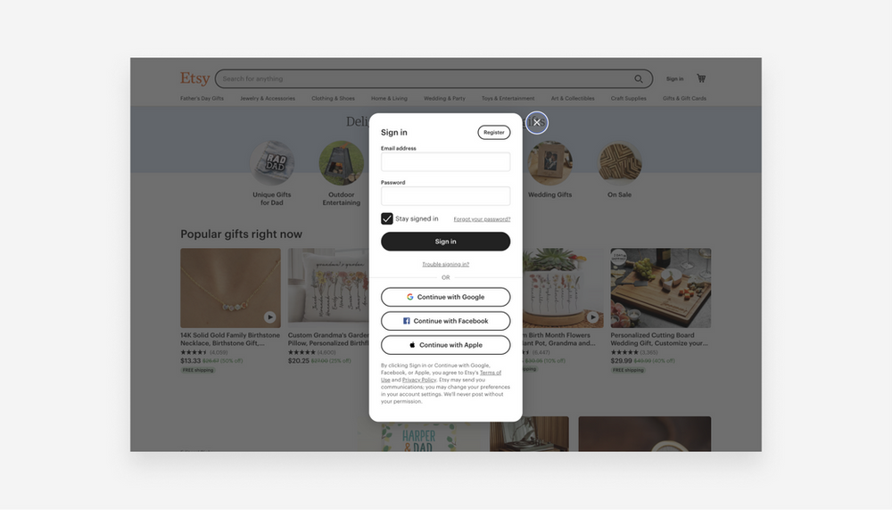 Etsy sign-in screen on website