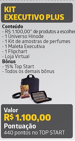 • Kit Executivo PLUS o Quem entra com esse kit tem direito à 15% no Bônus TOPSTART (binário) o Pode avançar no plano de carreira Hinode