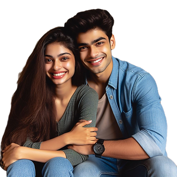 A smiling couple sits together, arms around each other, against a plain background. The woman wears green and the man a blue denim shirt. Happy Couple after getting Loan approved from ATLANTA GROUP
