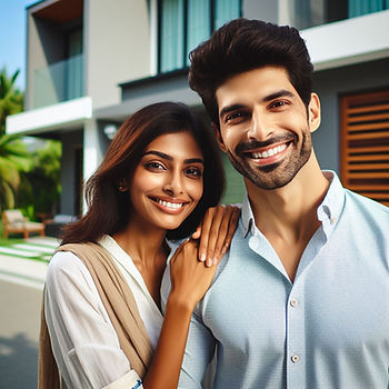 Smiling couple in front of a modern home, with a lush garden and patio furniture. Bright and cheerful atmosphere after taking Loan in Kolkata from ATLANTA GROUP.
