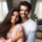 Smiling couple in a cozy living room, she in a pink top, he in a white shirt. Bright, soft background, creating a warm and happy mood.