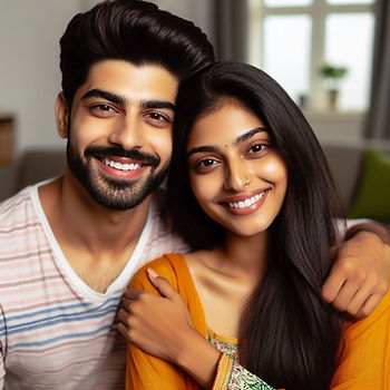 Smiling couple in cozy room, man in striped shirt, woman in orange attire, embracing each other with a warm and joyful mood.