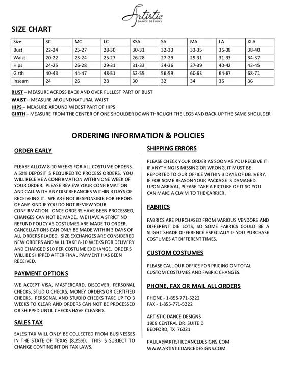 Dance Costume Size Chart