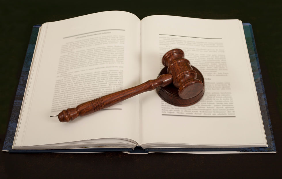 Book with judge's hammer resting on it