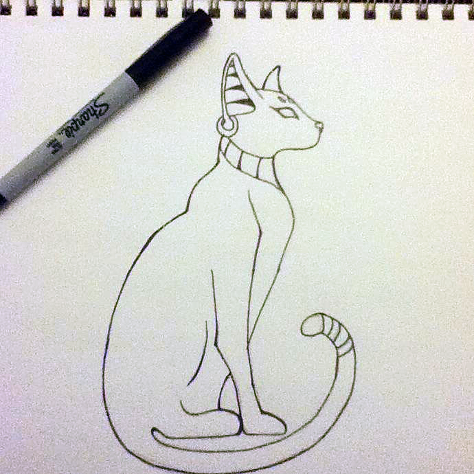 Hand drawn sketch of Bastet for a future tattoo.