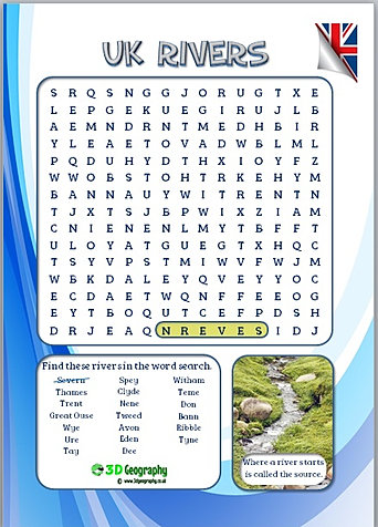 geography UK free word  geography  search united  kingdom worksheets worksheet word rivers search