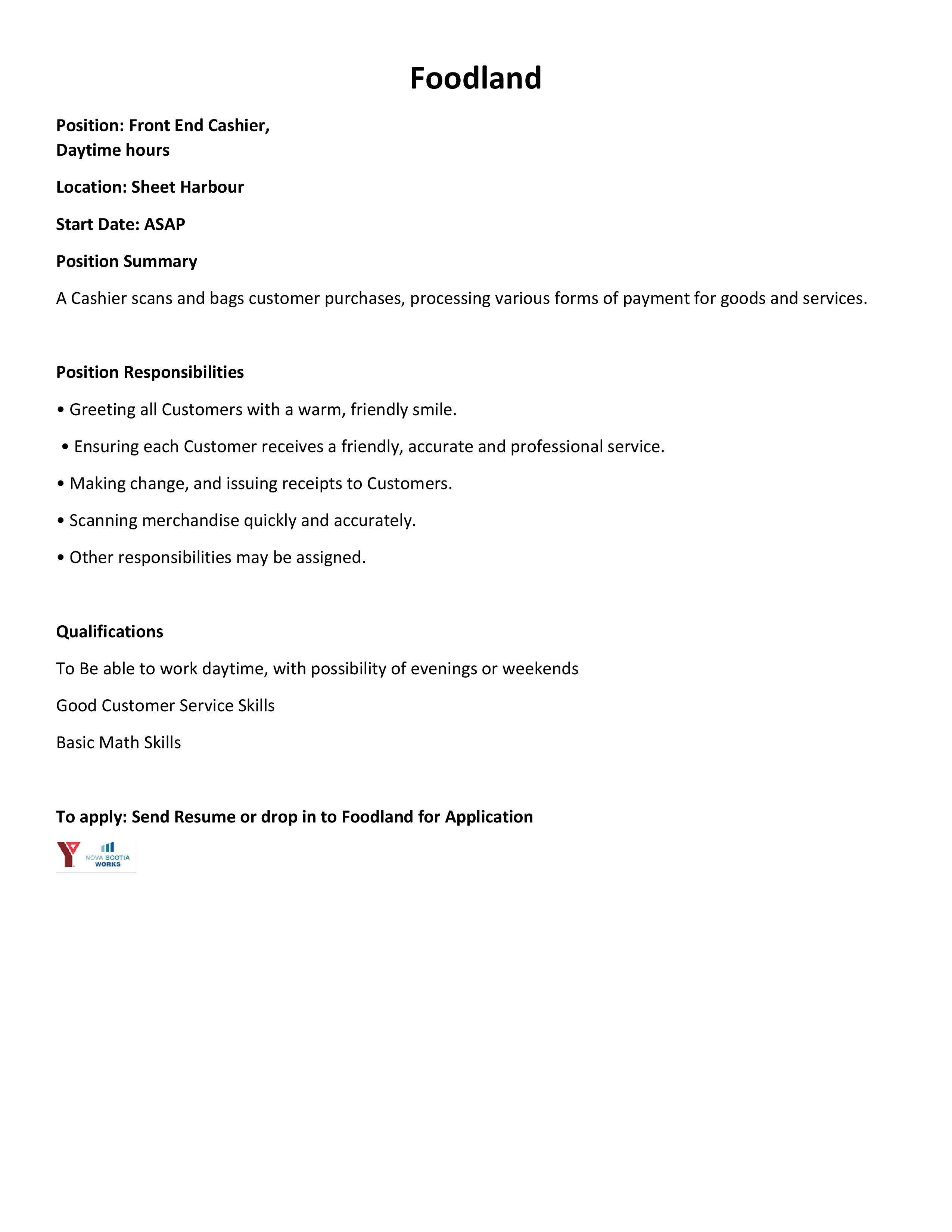 foodland sheet harbour front end cashier opportunity place front end cashier