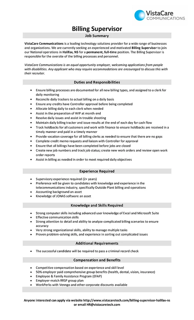 billing supervisor job description