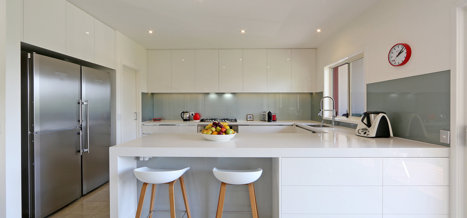 design eco melbourne kitchen Intovo 2pac Snow MelbourneCeasar Soft Kitchen Close Stone BenchtopBlum