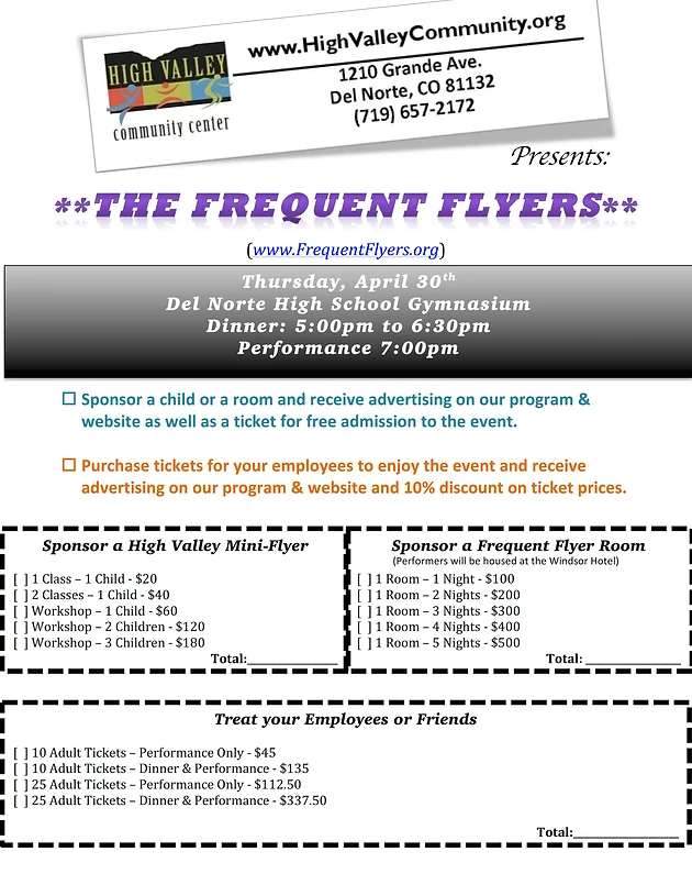 bring a group to the frequent flyers high valley community center flyers tickets prices