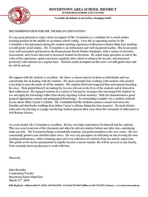 nickesedprof1 letters of recommendation letter of recommendation for student teacher from cooperating teacher