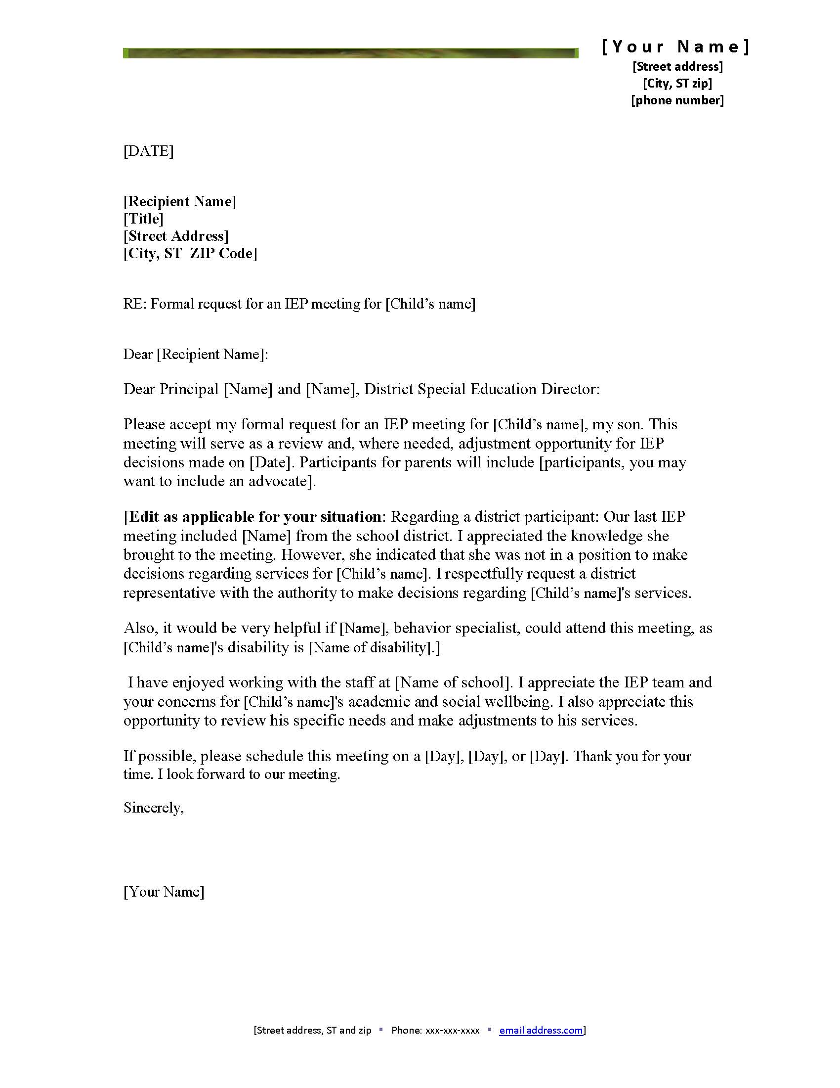 Iep Request Letter Template