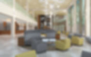 Lindenwood University interior rendering of "The Grove" lobby and gathering space with a view through the impressionistic "tree glass" curtain wall system. DE|SL LLC