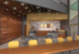 Lindenwood University branded coffee cafe interior rendering with wooden wall cladding and ceiling design. DE|SL LLC