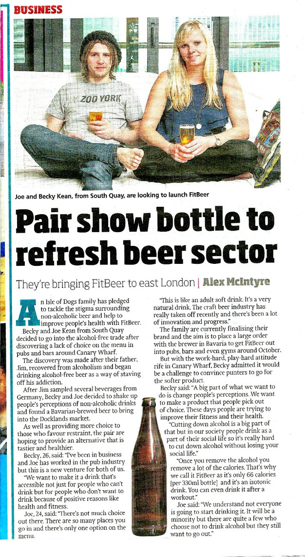 Alcohol-free beer, FitBeer, in Canary Wharf newspaper Alcohol-free beer, FitBeer, in Canary Wharf newspaper