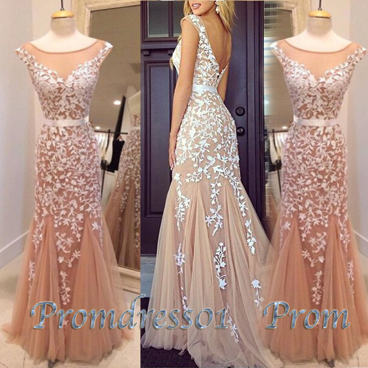 tan and white prom dress