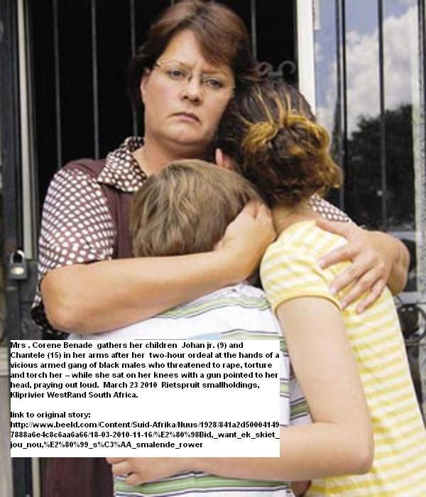 Benade Mrs Corene hugs kids Johan 9 and Chantele 15 March232010 SmalloldingRietspruitAttack.jpg