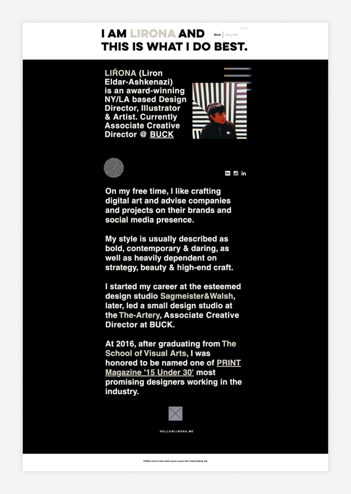 graphic design portfolio by liron eldar ashkenazi screenshot of about page