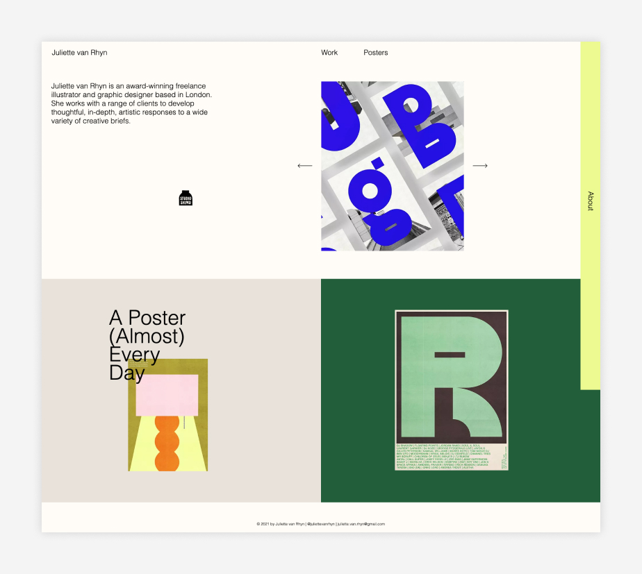 screenshot of graphic design portfolio homepage by juliette van rhyn
