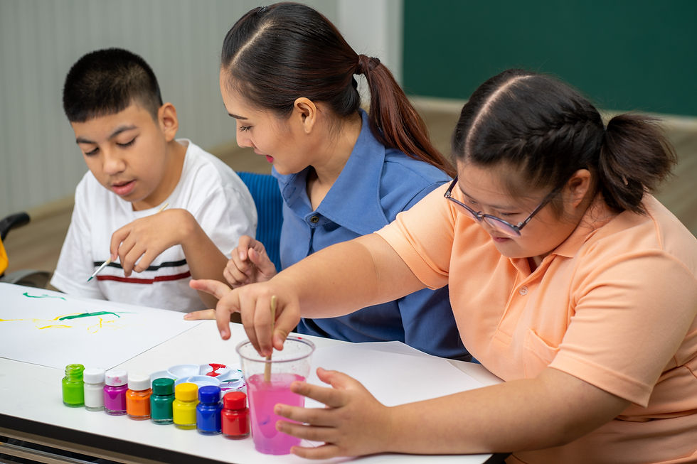 Asian disability boy learning color Painting in classroom with Autism girl in special scho