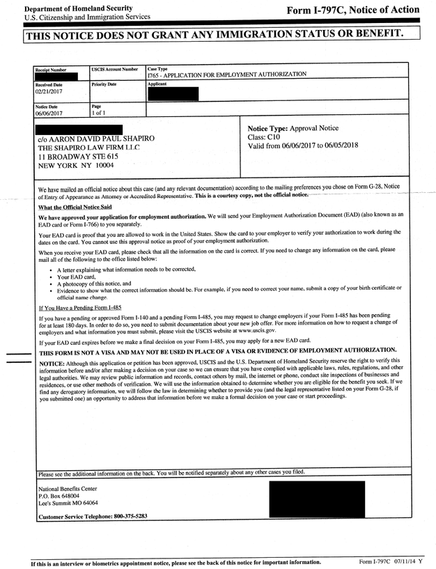 case status update approvals daca ead renewal expungement ead cover letter