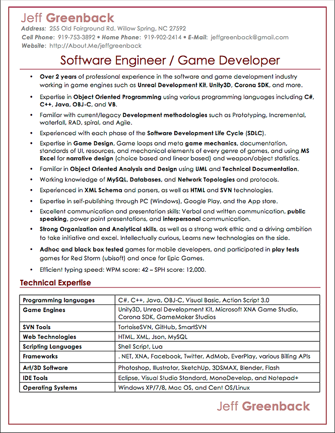 game programmer resumes