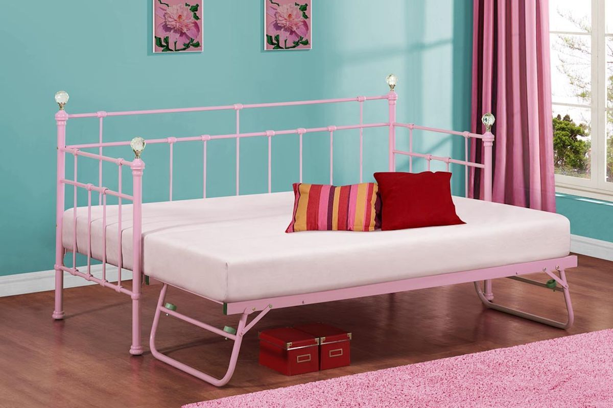 Kids Daybed with Trundle Girls And Boys Pink Or Cream Crystal Finials