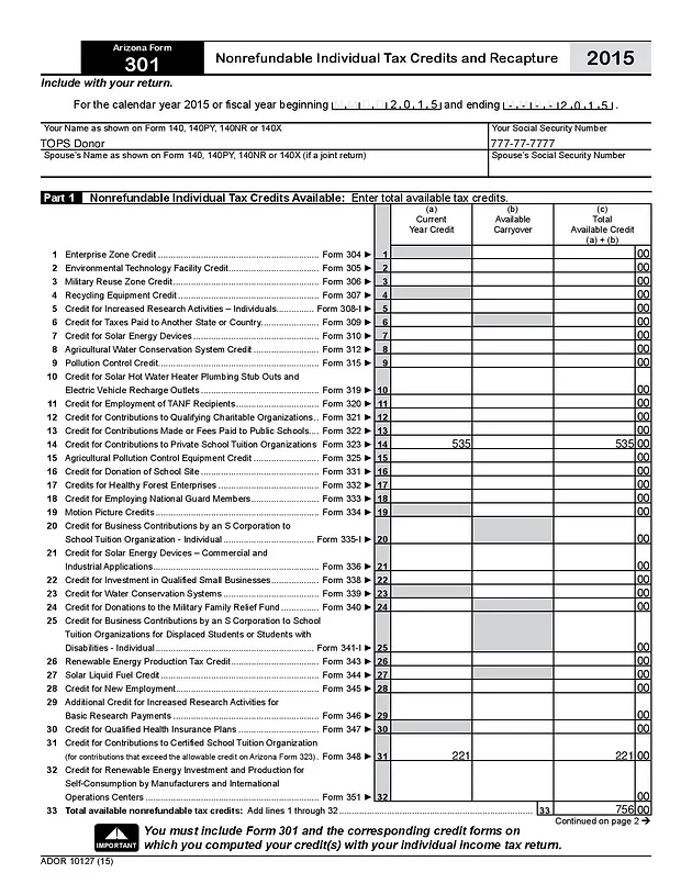 sample arizona form 301 scholarship tax credit totals ydca arizona tax form 140