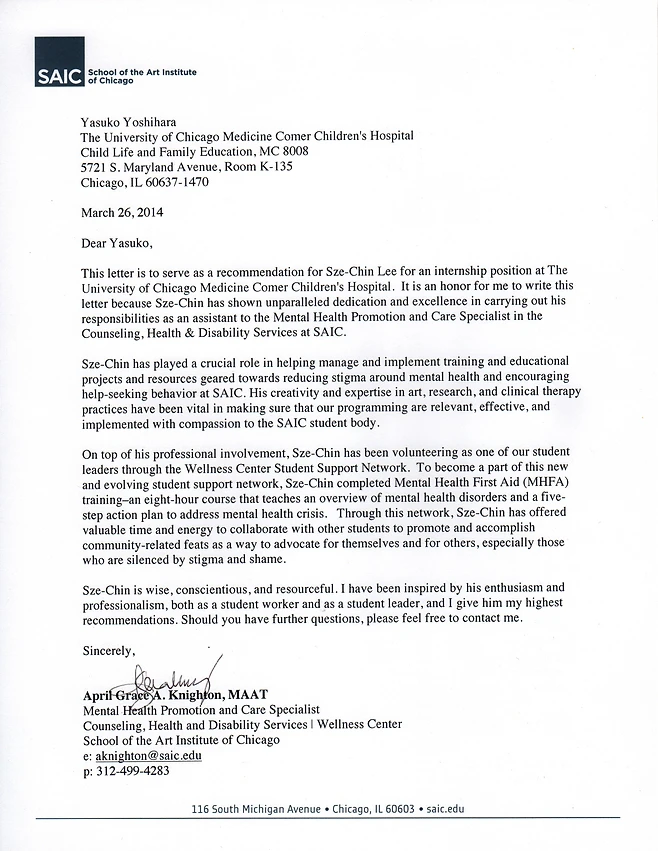 sze chin lee artist art therapist art educator chicago letter of recommendation for artist