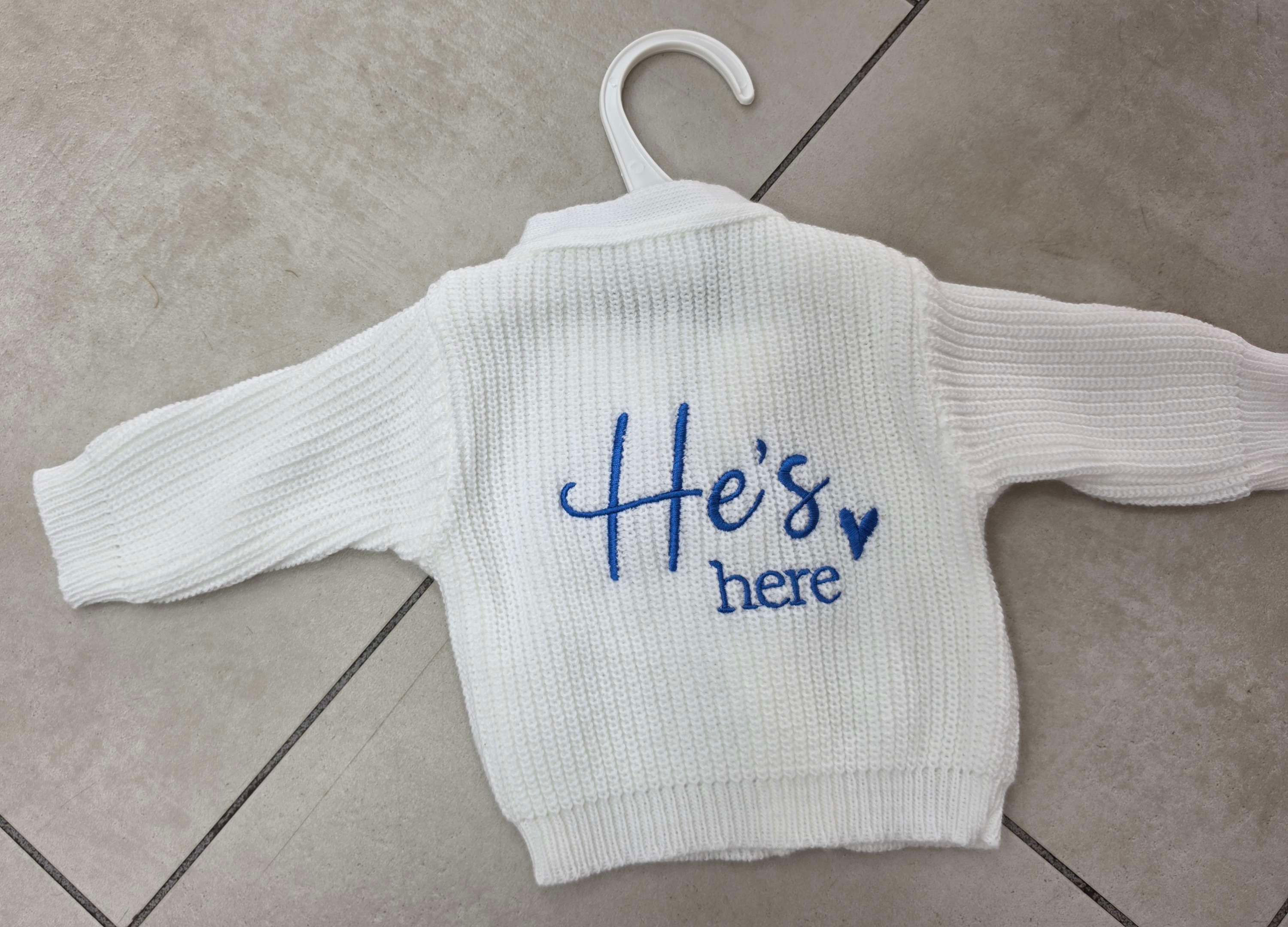 He's Here Baby Knit Cardigan Soft White Knitted Top with Blue Embroidery for New