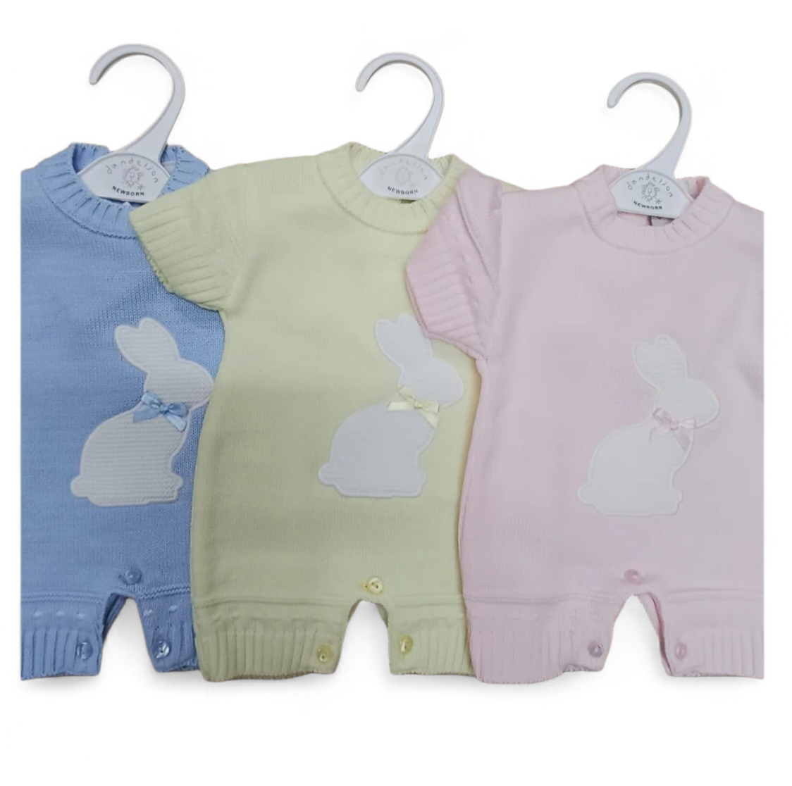 Dandelion Knitted Bunny Romper
Color Options: Choose between Lemon Pink or Blue