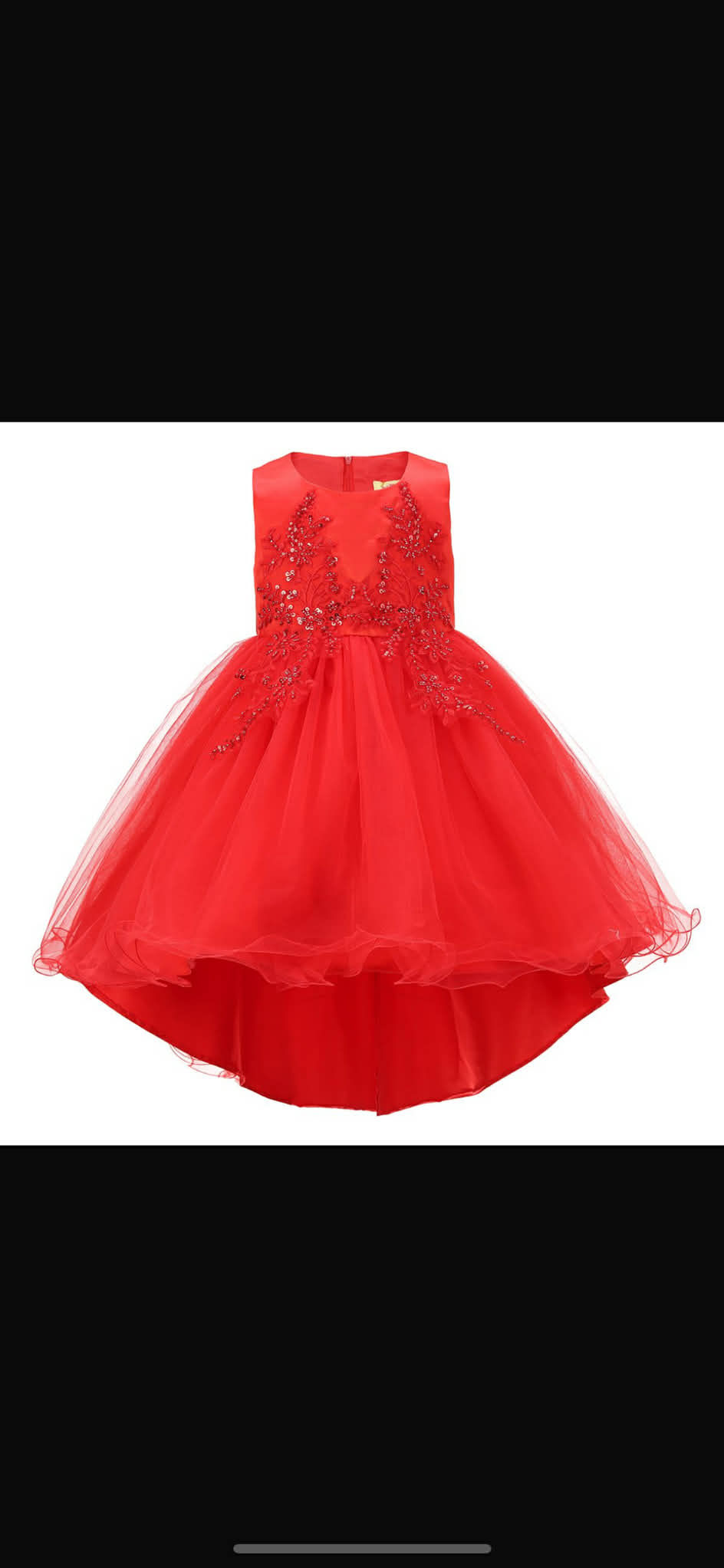 Thumbnail: girls Red Asymmetric Sleeveless Satin Dress with Ruffled Mesh Net Overlay Sequin