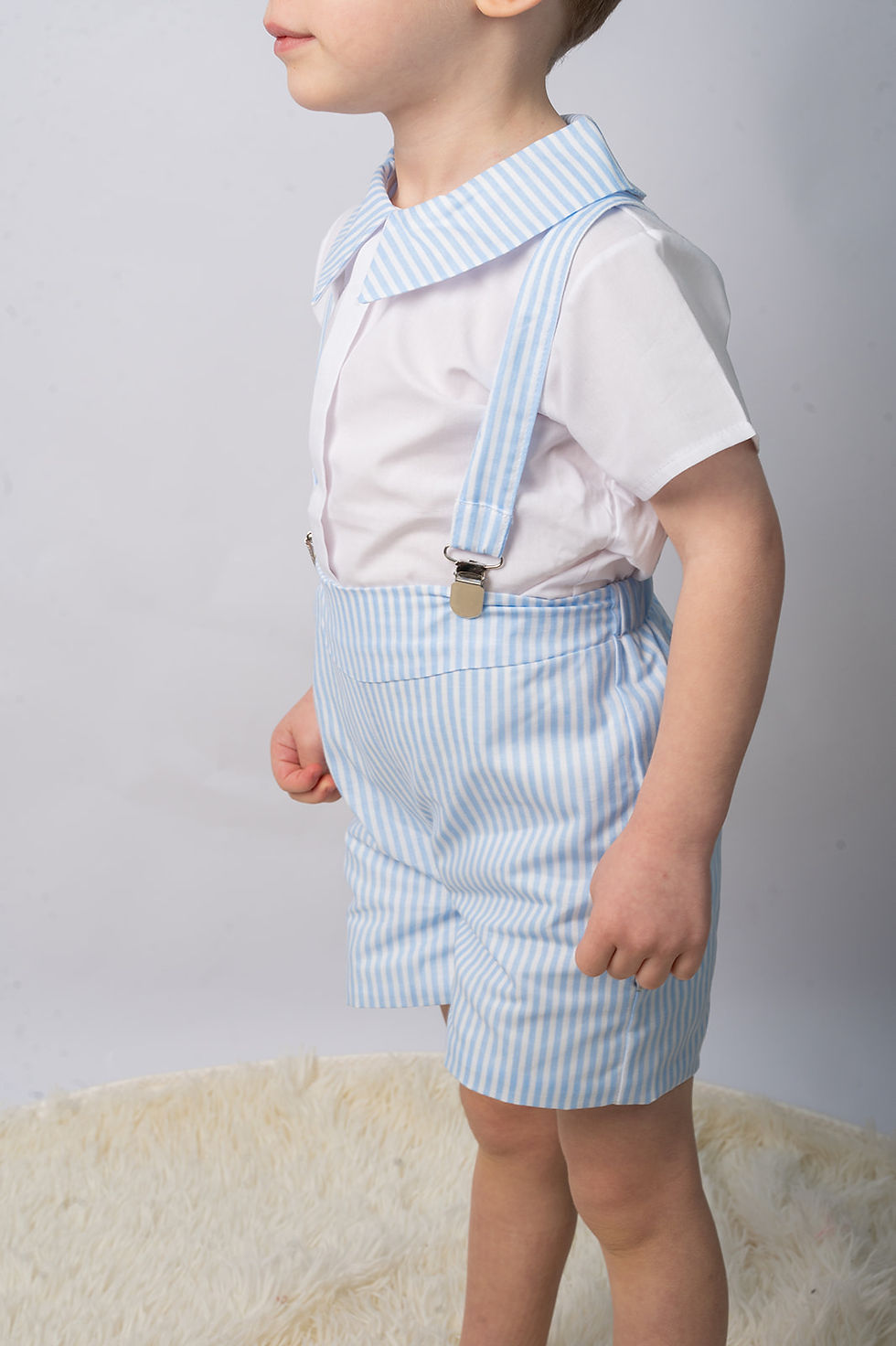 Thumbnail: Boys Blue Striped Dungaree and Shirts Set with Matching Suspenders