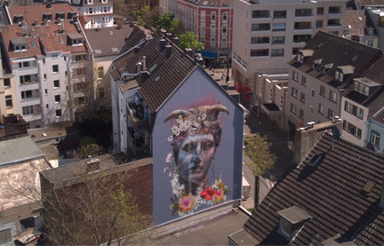 Giant mural painted for 40Grad in Dusseldorf, Germany drone shot from the air