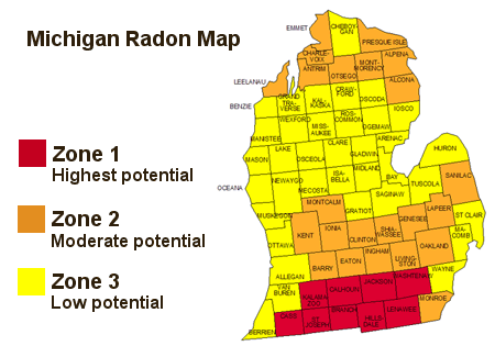 Michigan map showing the different Radon levels and areas of Michigan