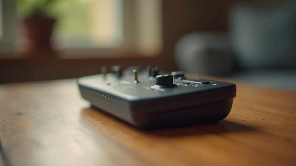 Close-up view of a portable vibroacoustic device on a wooden table