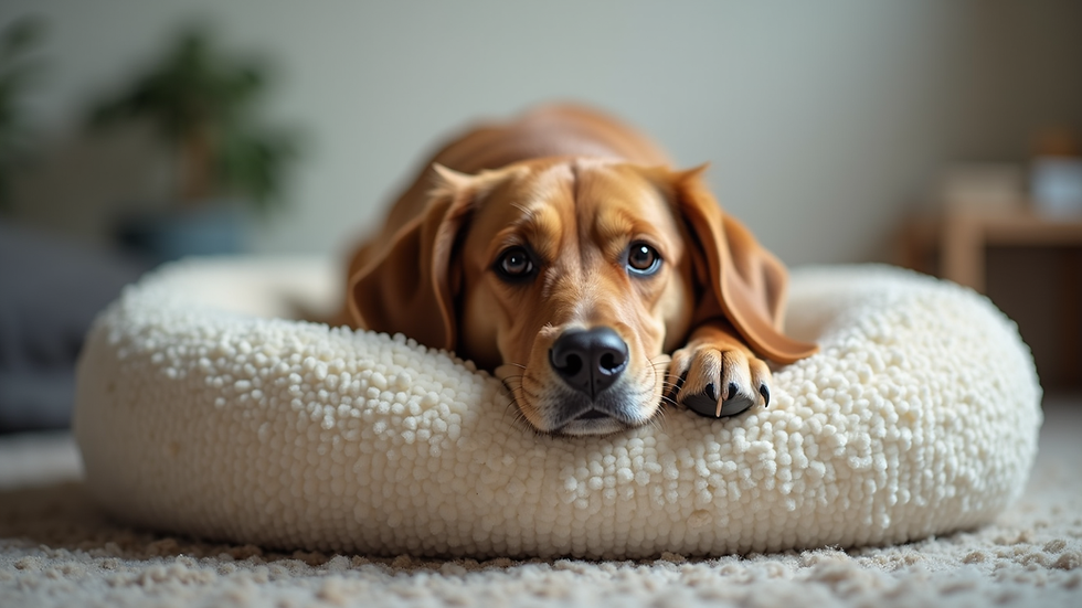 Eye-level view of a dog resting comfortably on a vibroacoustic pet pillow