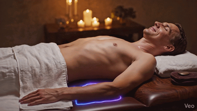 illustrations of low sound frequencies felt on a man lying on sound table