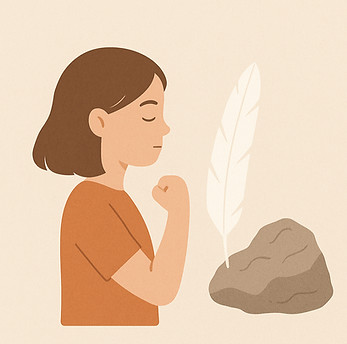 Kind met sterke vuist, veer en steen