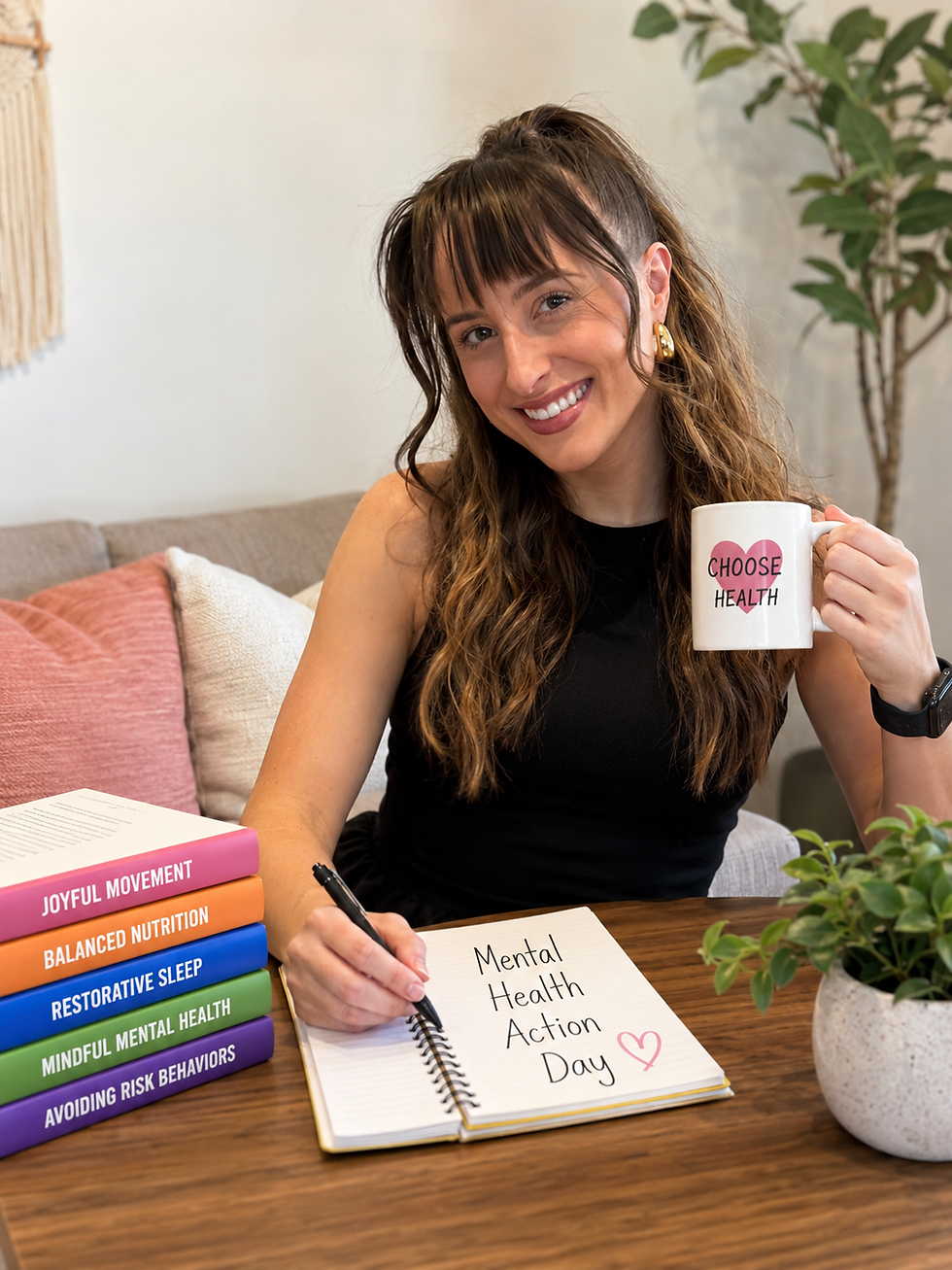 Kayla Myers sits at a wooden table smiling while holding a “Choose Health” mug and writing in a notebook labeled “Mental Health Action Day.” Beside her is a colorful stack of books representing the five pillars of Operation Flourish: joyful movement, balanced nutrition, restorative sleep, mindful mental health, and avoiding risk behaviors. Plants and soft neutral decor create a calm wellness-focused atmosphere.