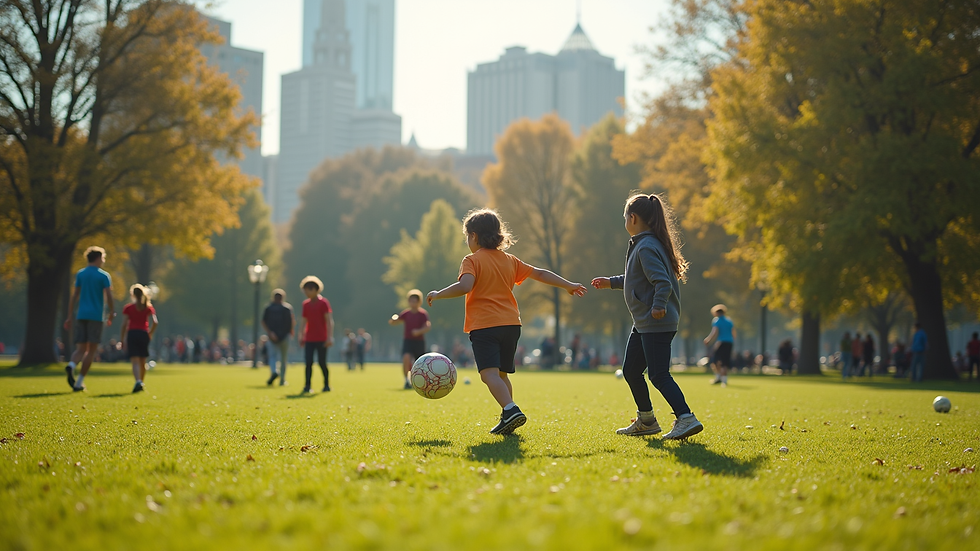 Wide angle view of a park with young people engaging in sports