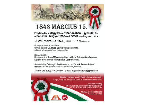 Március 15-i ZOOM ünnepség a Magyarokért Kanadában Egyesület szervezésében