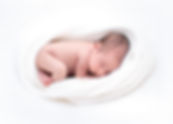 A peaceful newborn baby sleeps in a soft, white fabric hammock against a white background