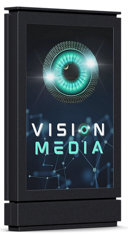 Digital display showing a teal eye symbol above the words "Vision Media" on a dark