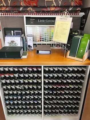Interior paint sample charts and tester pots for colour matching