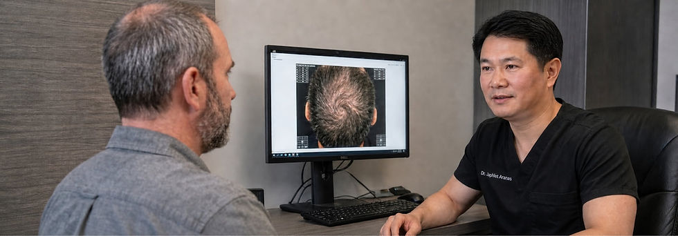 U.S. hair transplant vs Turkey: doctor consults patient.