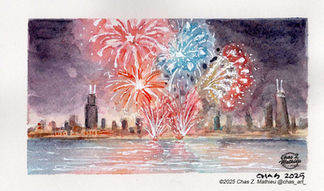 Fireworks over Chicago II - Watercolor Painting